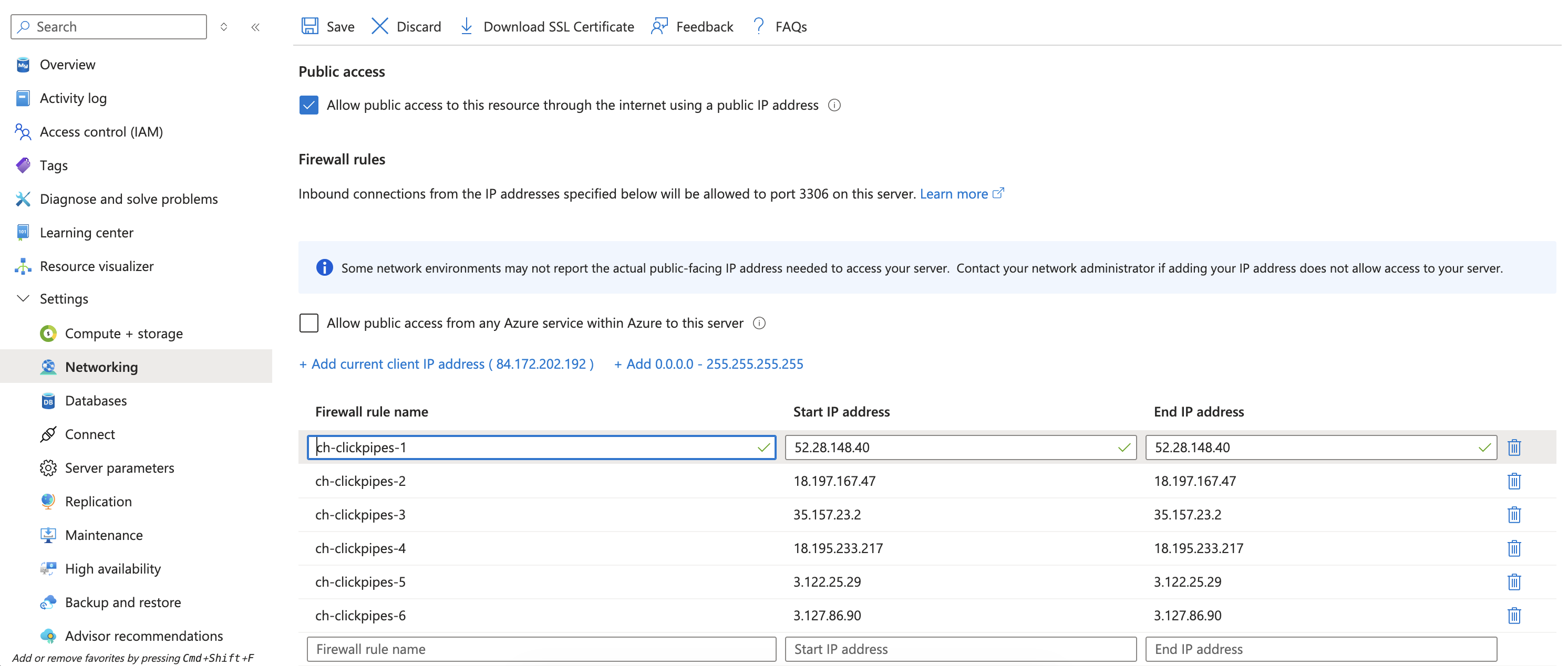 Configure networking for public access with an IP allowlist