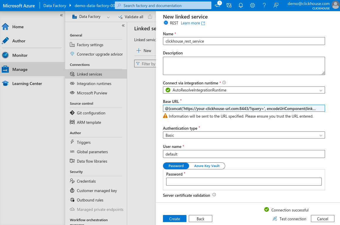 New Linked Service Check Connection