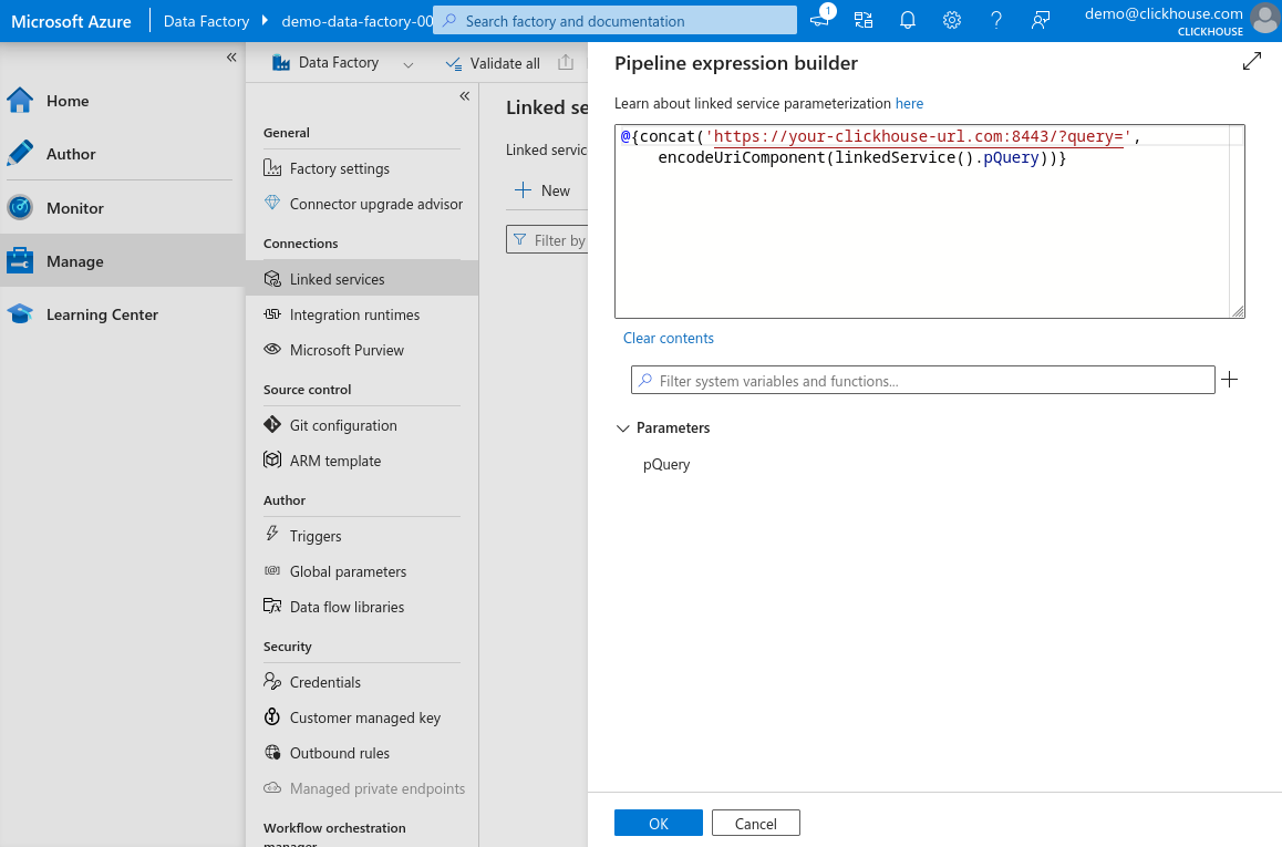 New Linked Service Expression Field Filled