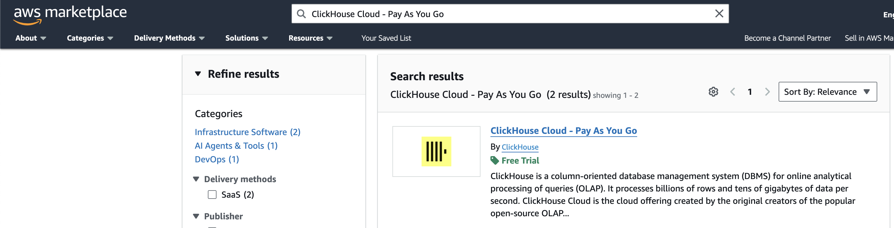 AWS Marketplace search for ClickHouse