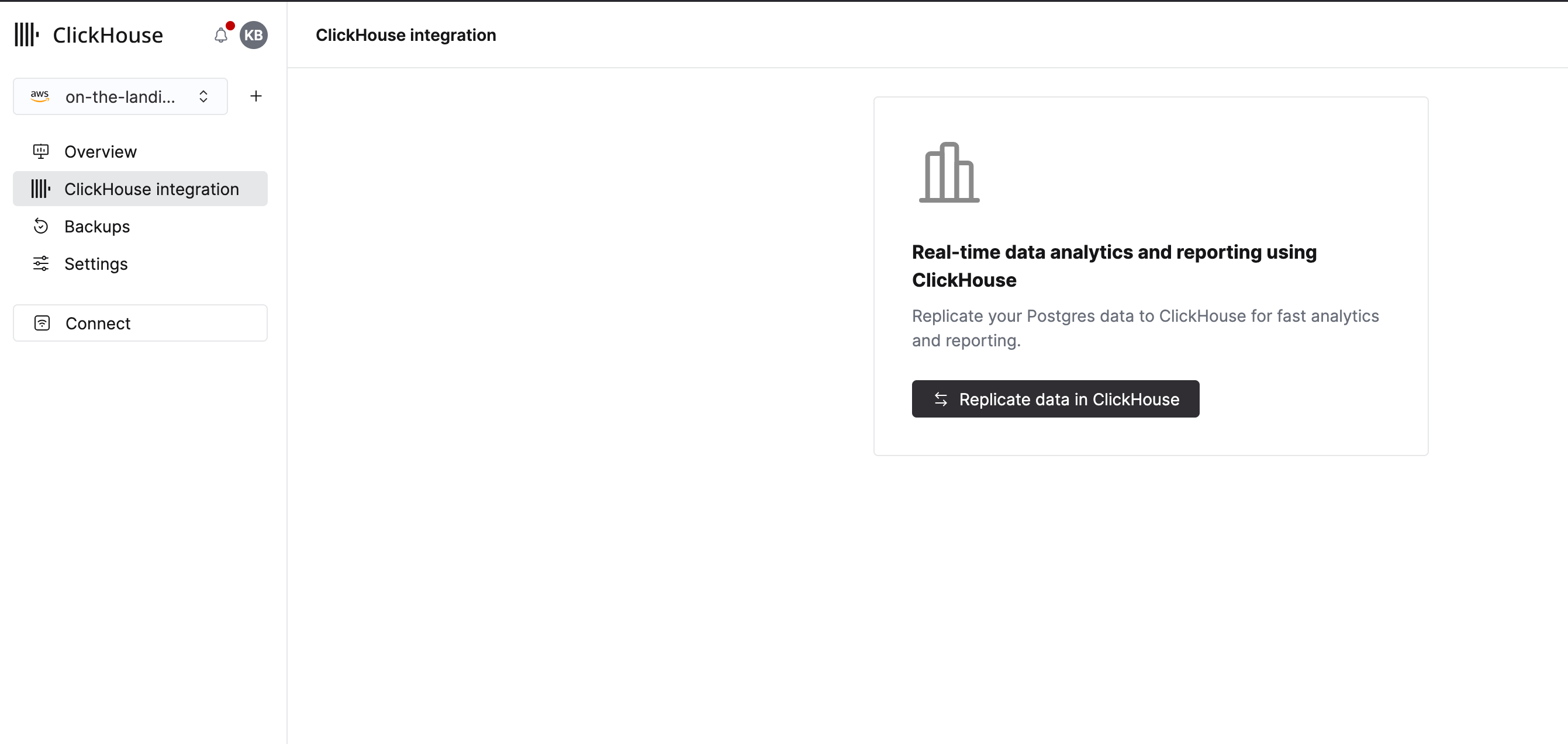 ClickHouse integration landing page showing the integration option in the sidebar