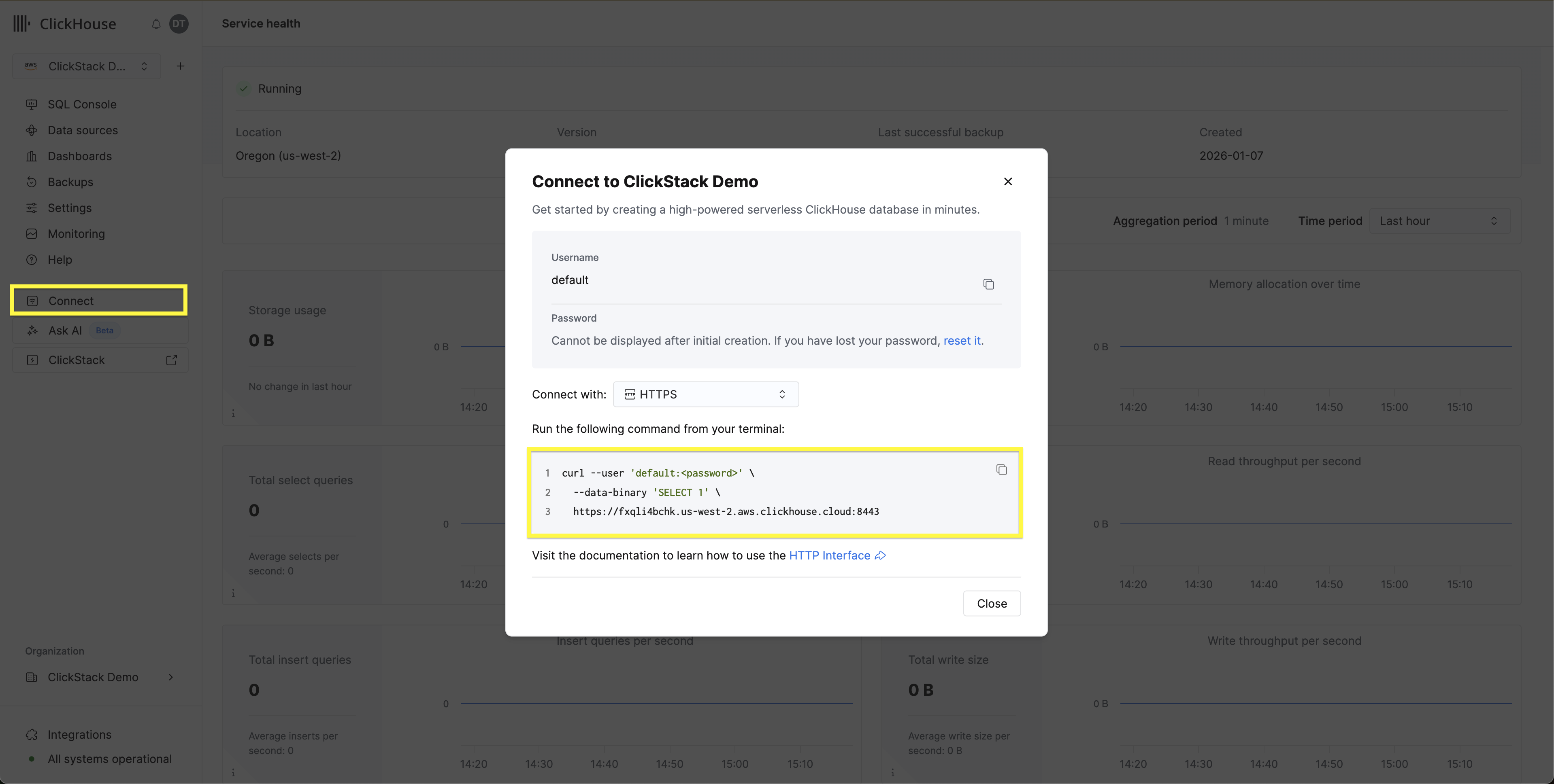 ClickHouse Cloud connect