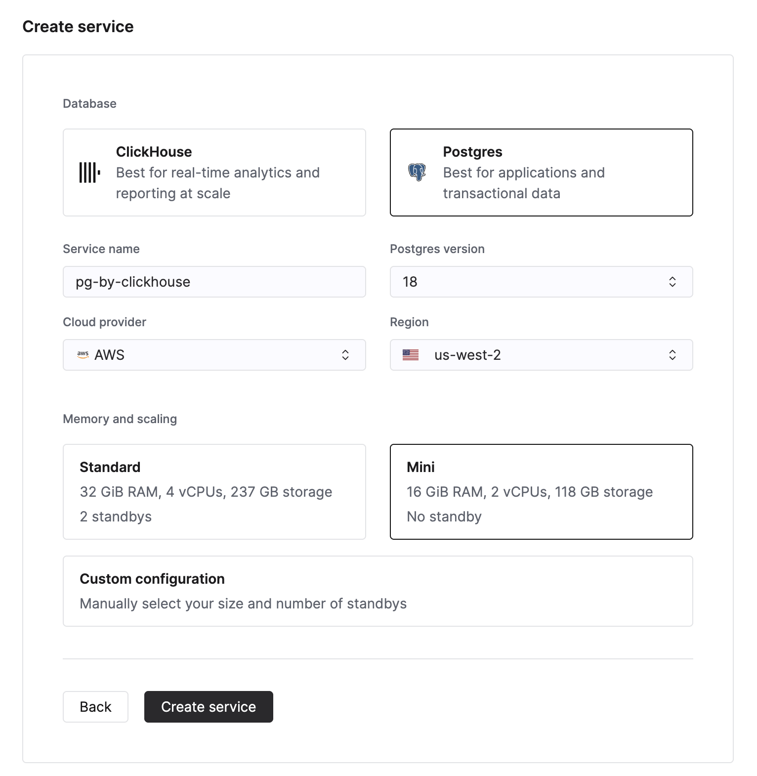 Create ClickHouse Managed Postgres Instance