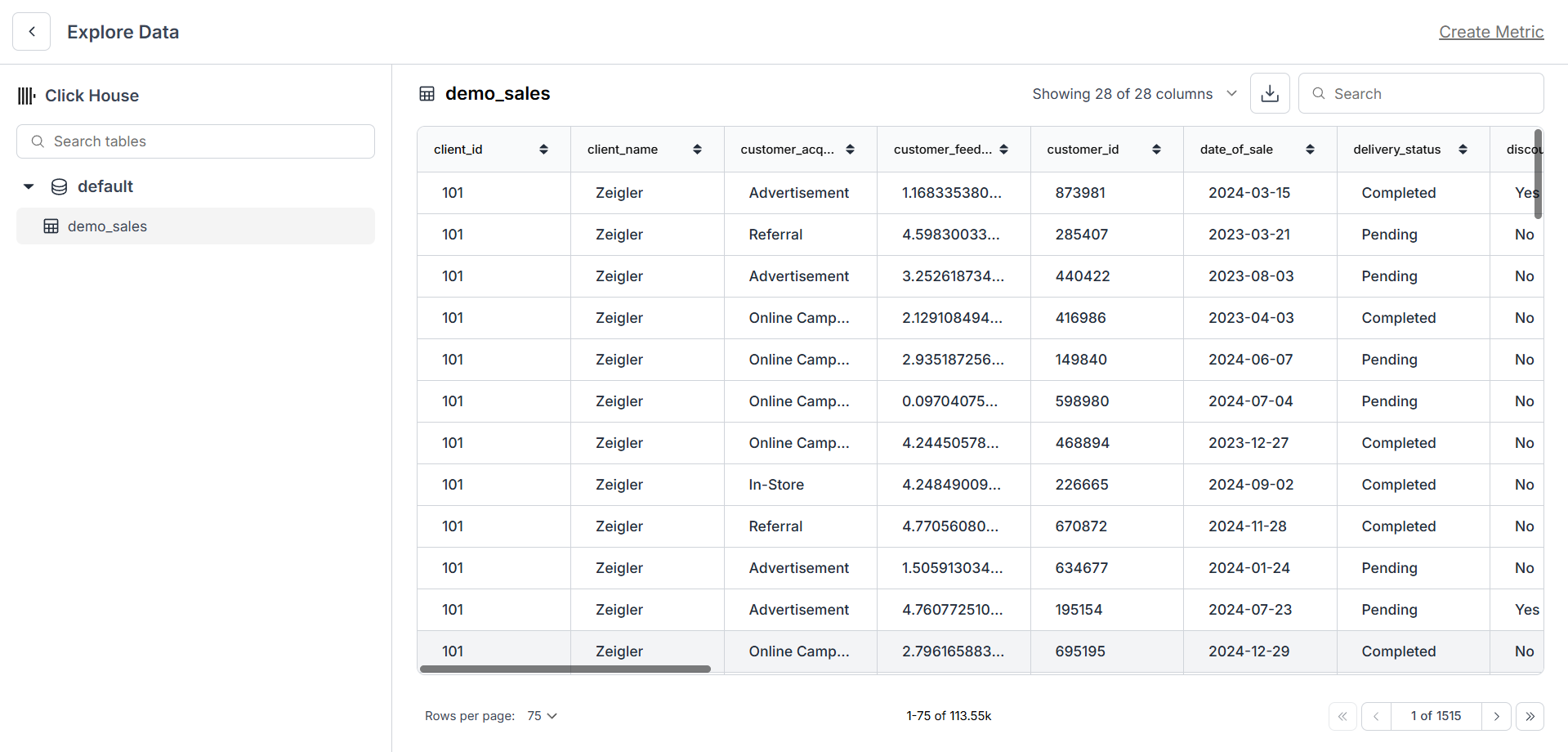Databrain data explorer showing ClickHouse tables