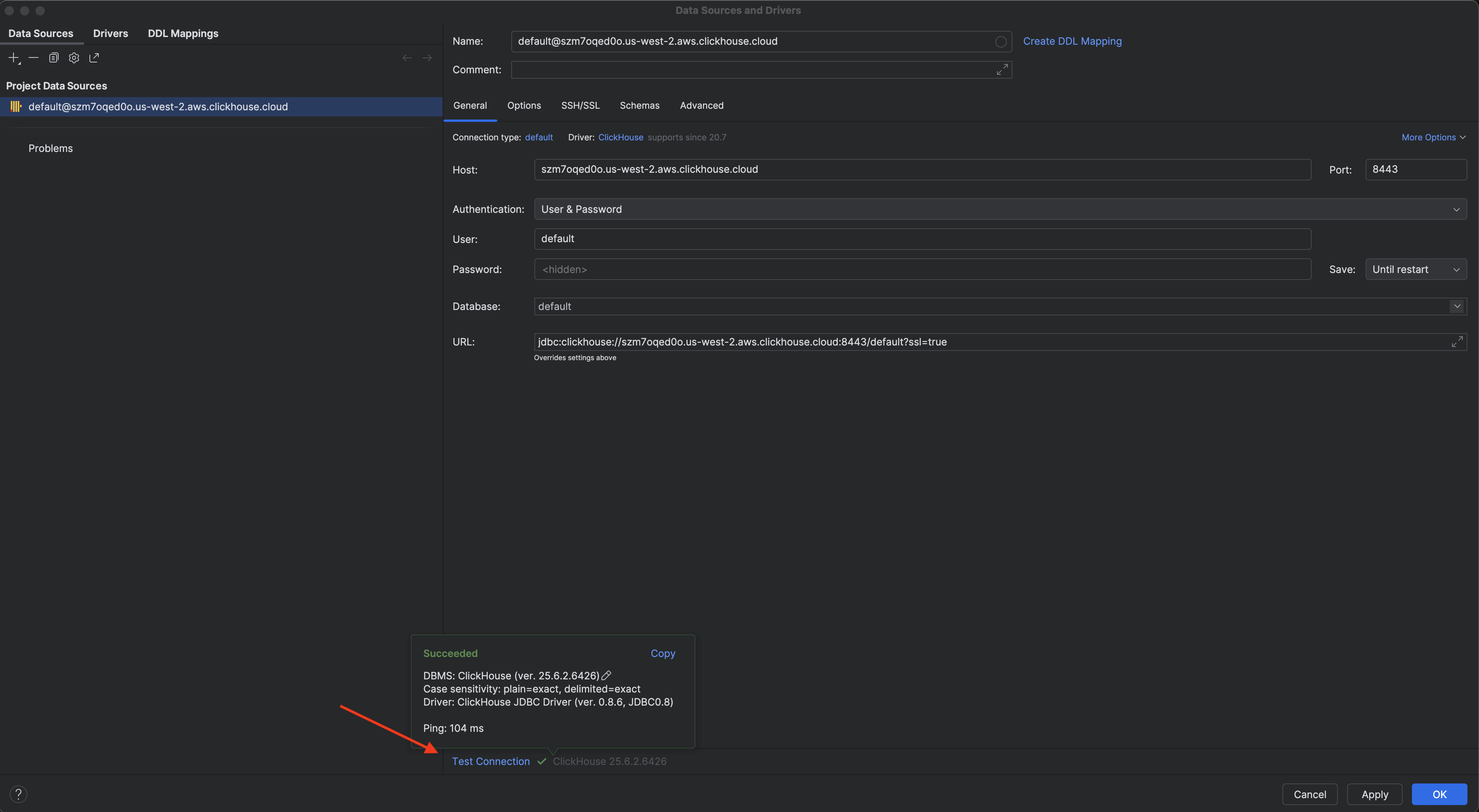 DataGrip connection details form with ClickHouse settings