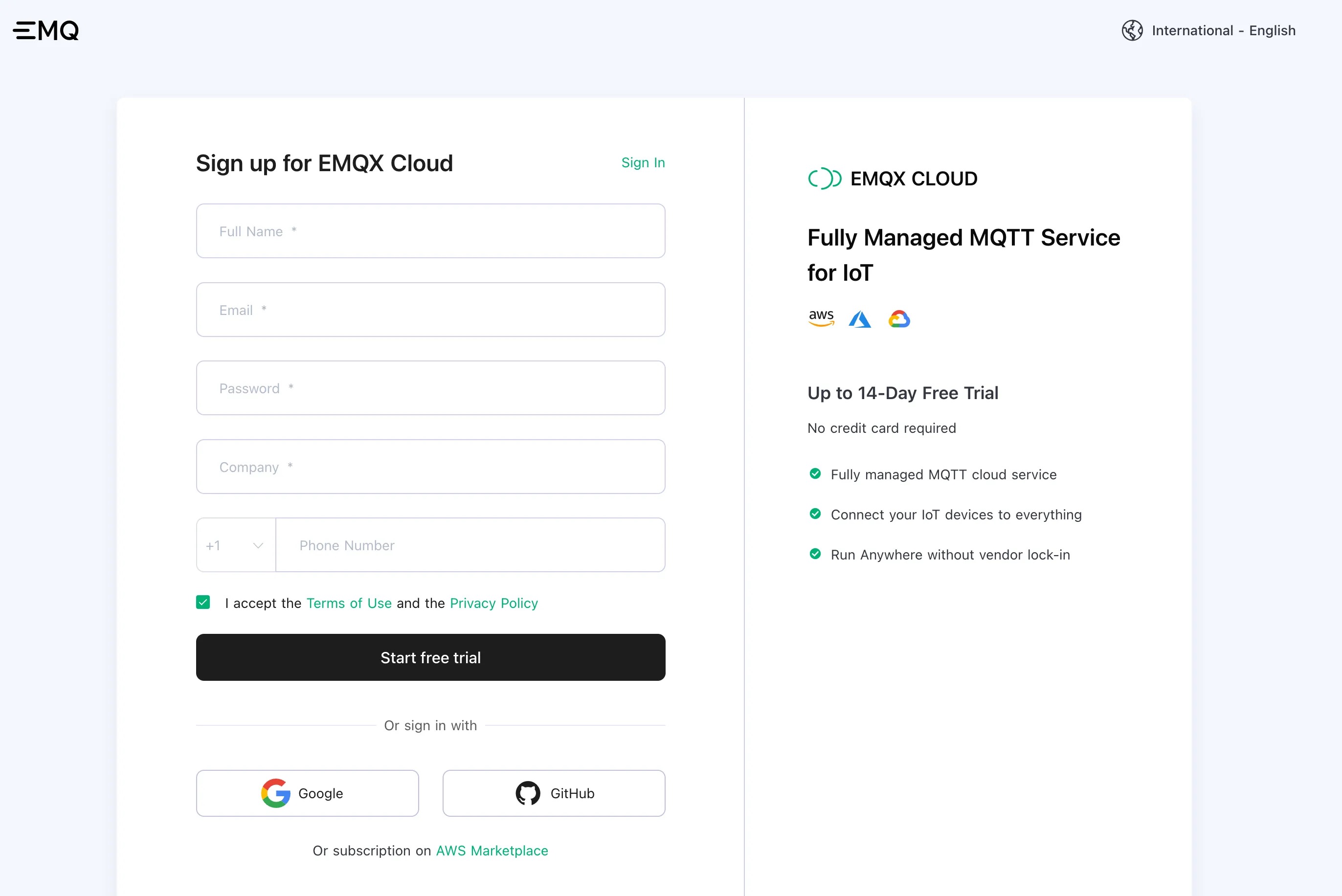 EMQX Cloud Signup Page with registration form