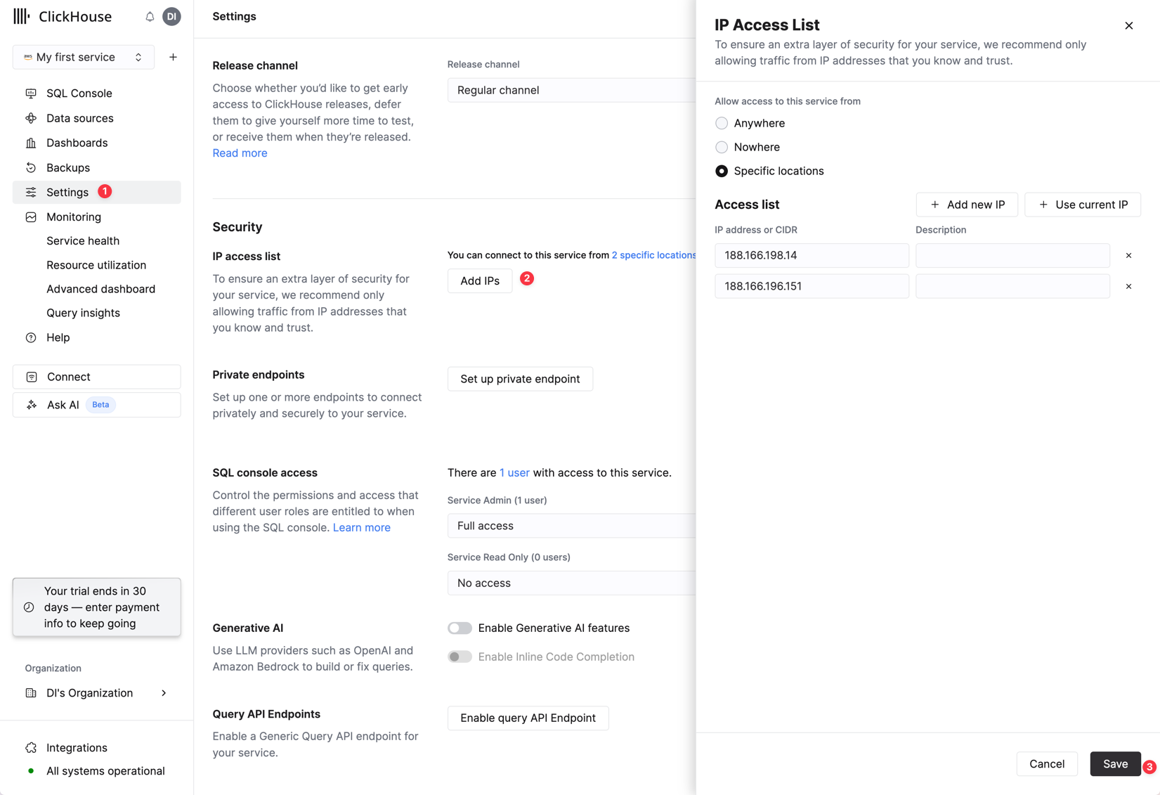 Example of IP allowlisting in ClickHouse Cloud