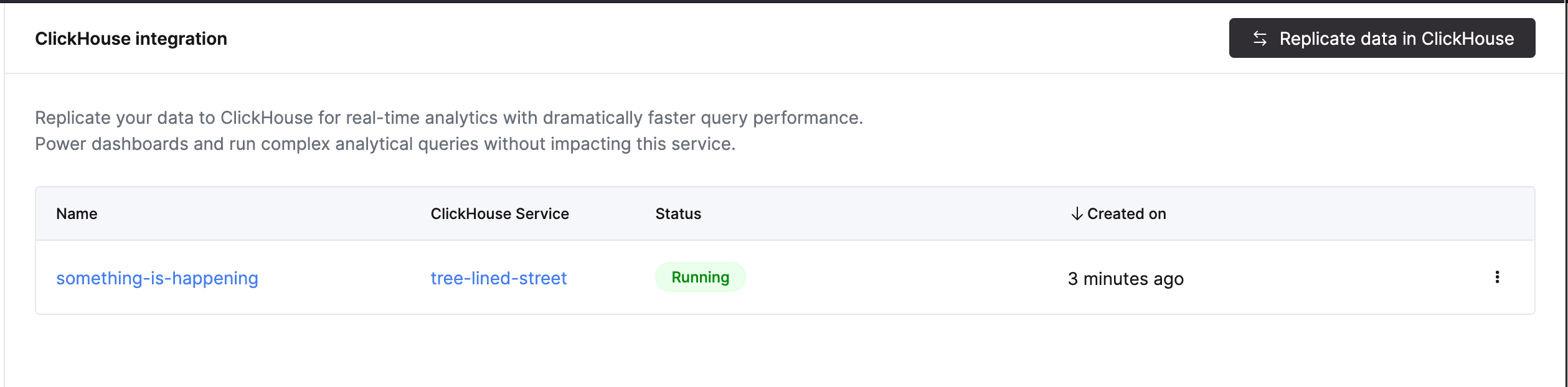 ClickHouse integration list showing a running ClickPipe with its destination service and status