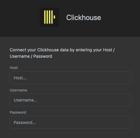 Luzmo connection configuration form showing fields for ClickHouse host, username and password