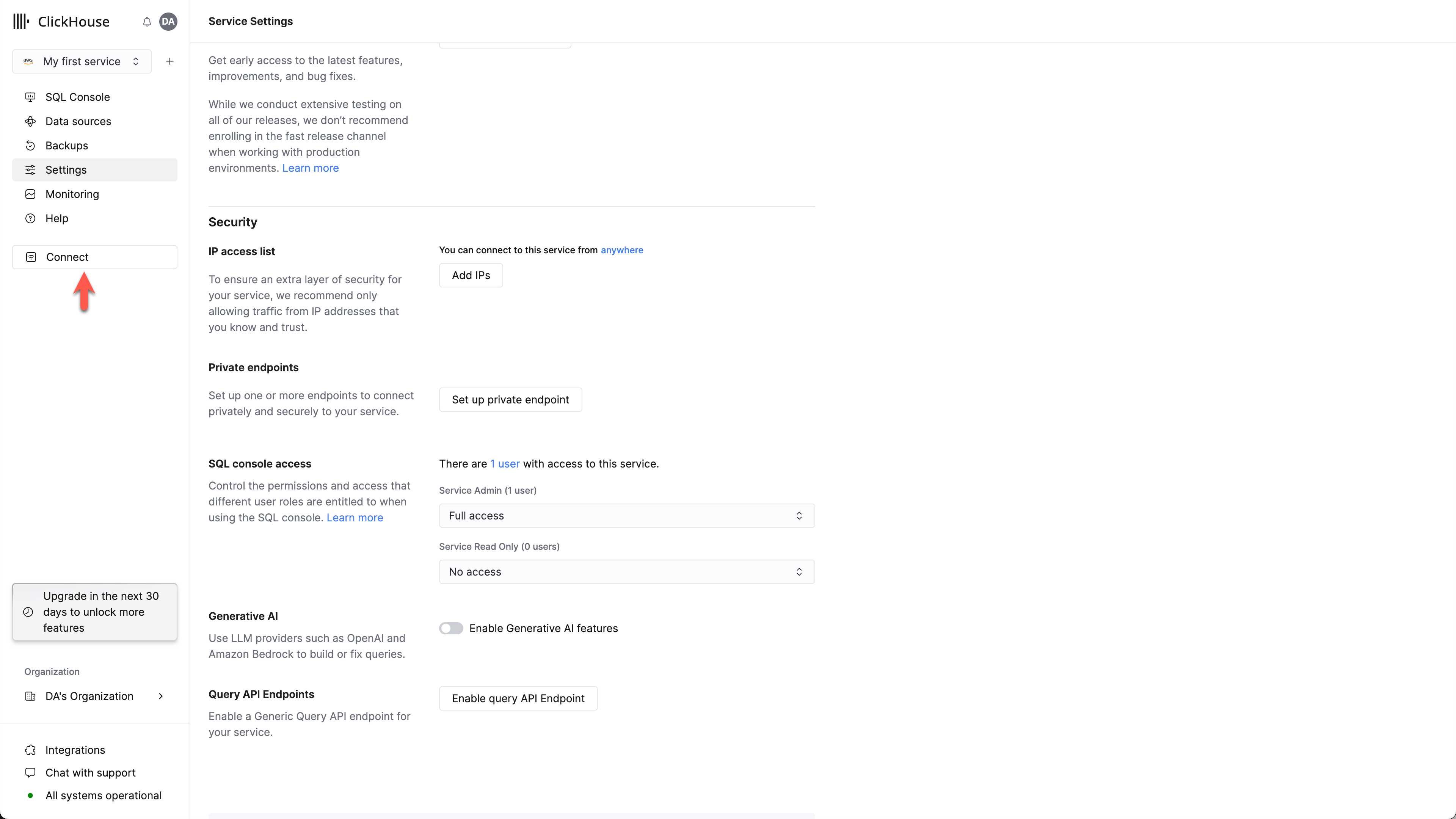 ClickHouse Cloud service connection screen with Connect option highlighted