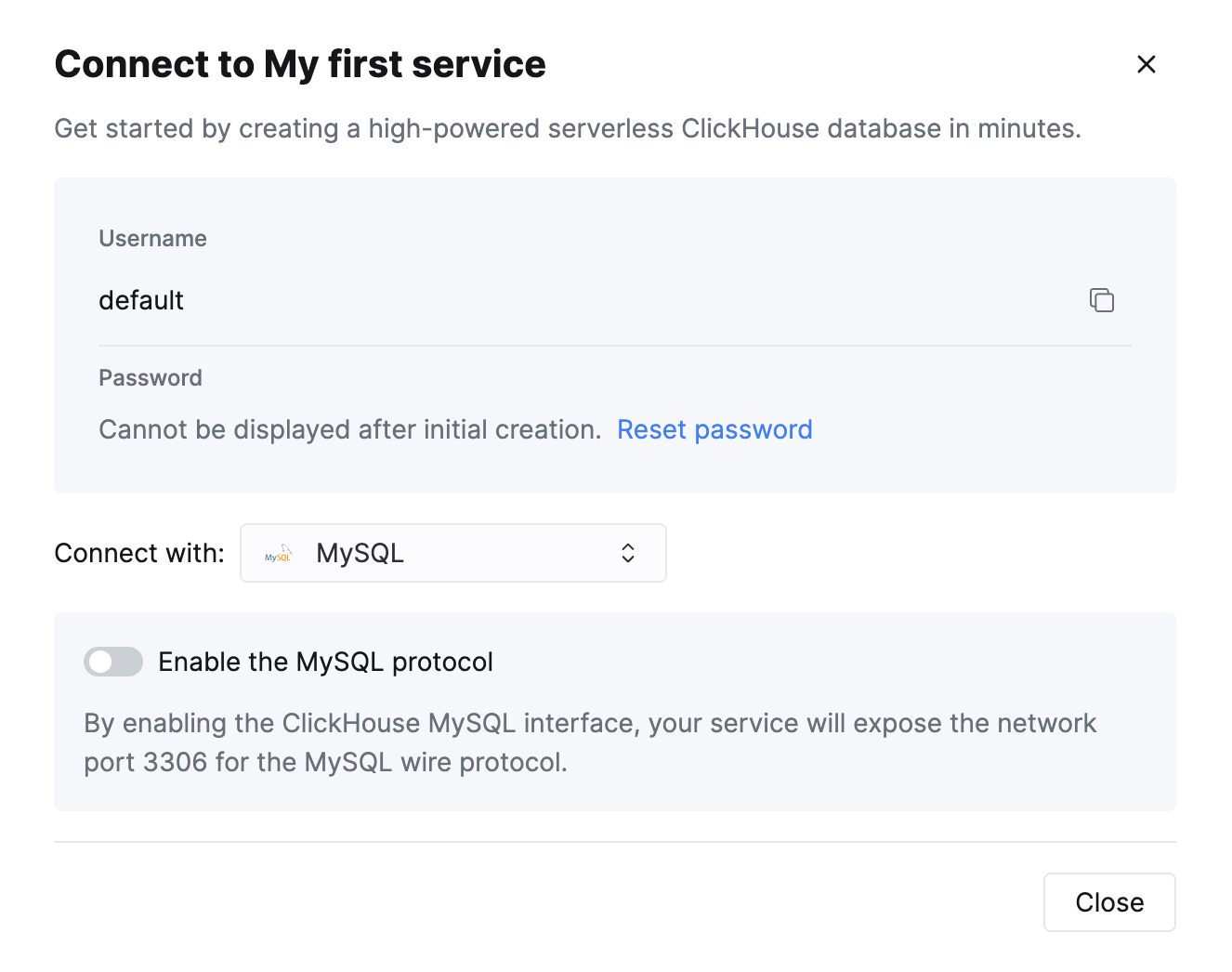 ClickHouse Cloud connection screen showing MySQL option selection