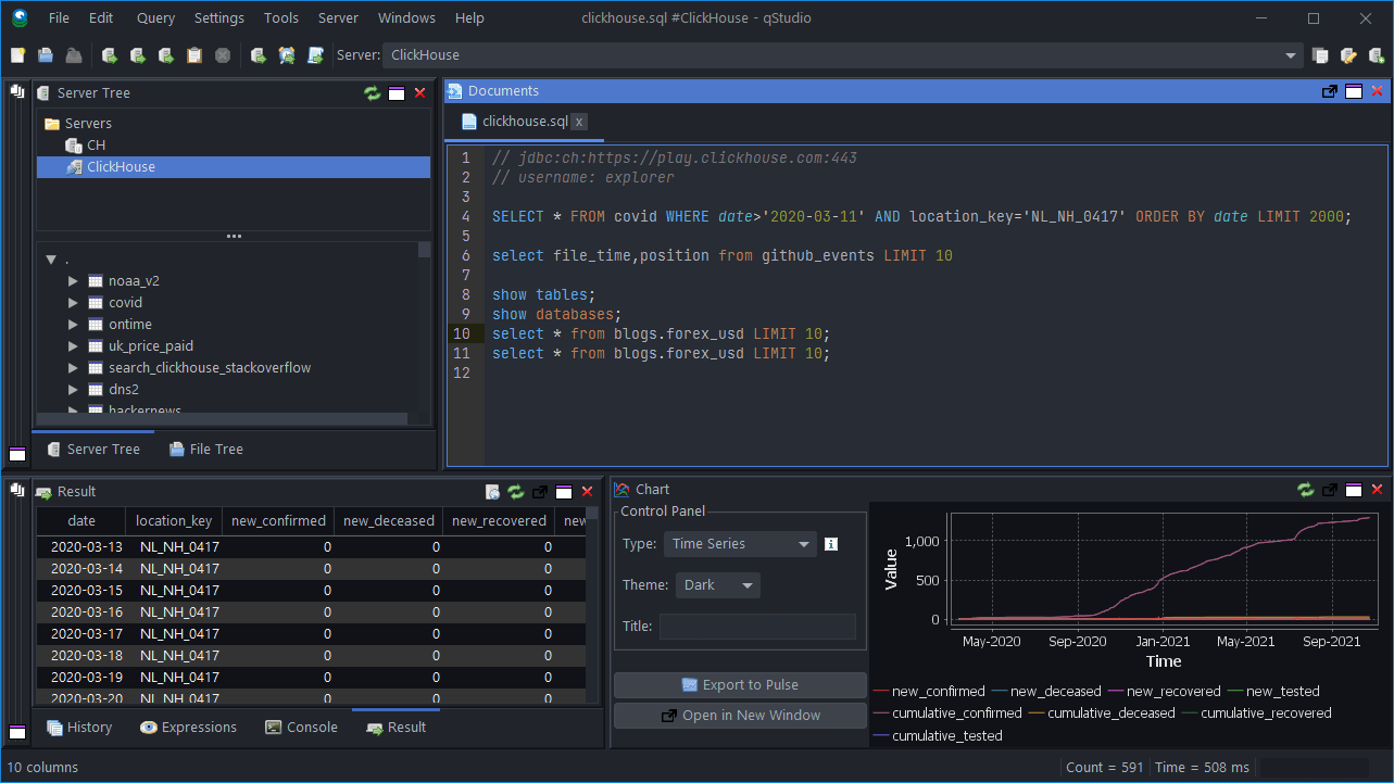 QStudio interface showing sample SQL query execution against ClickHouse database