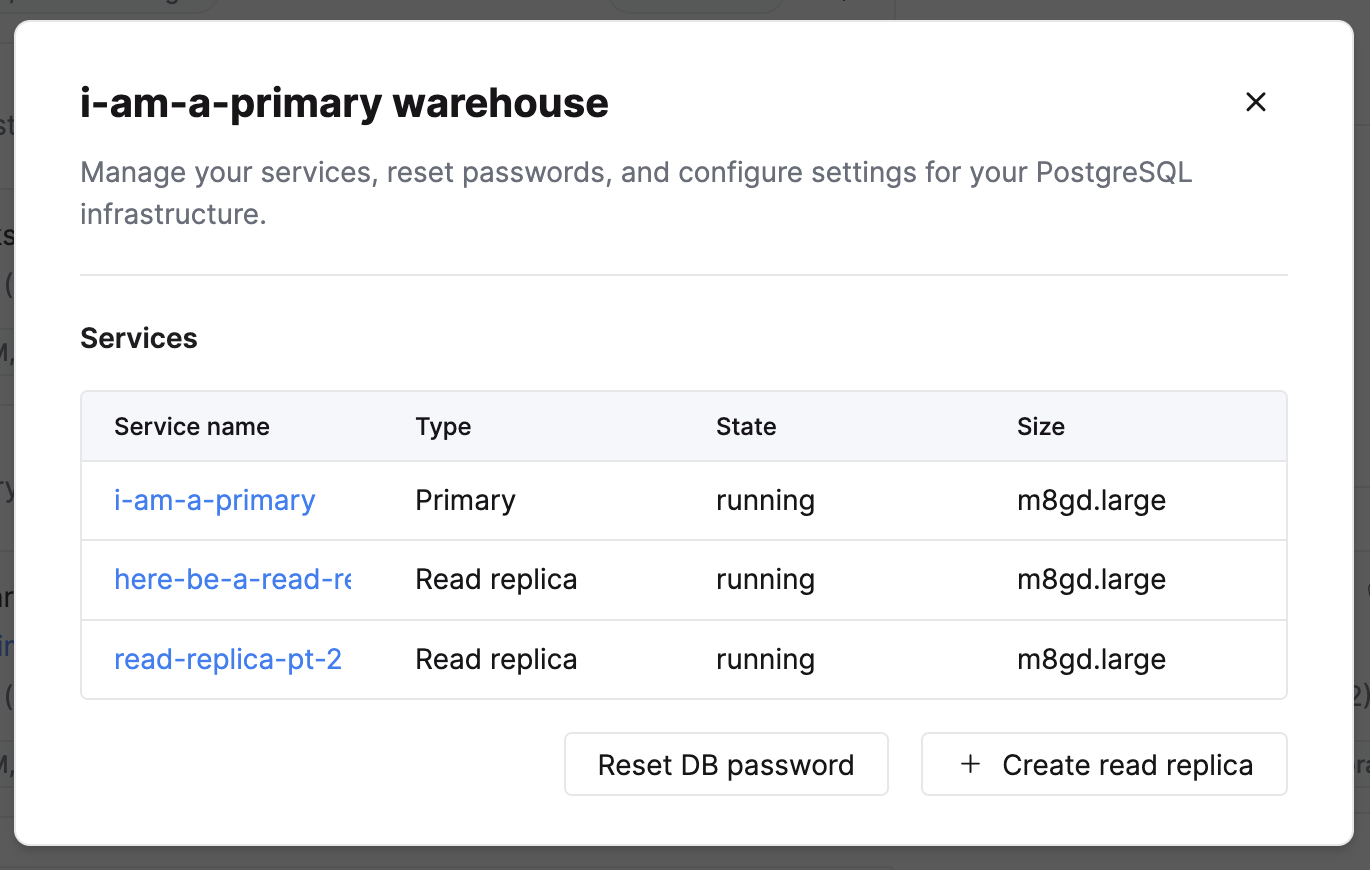 Read replica management dialog