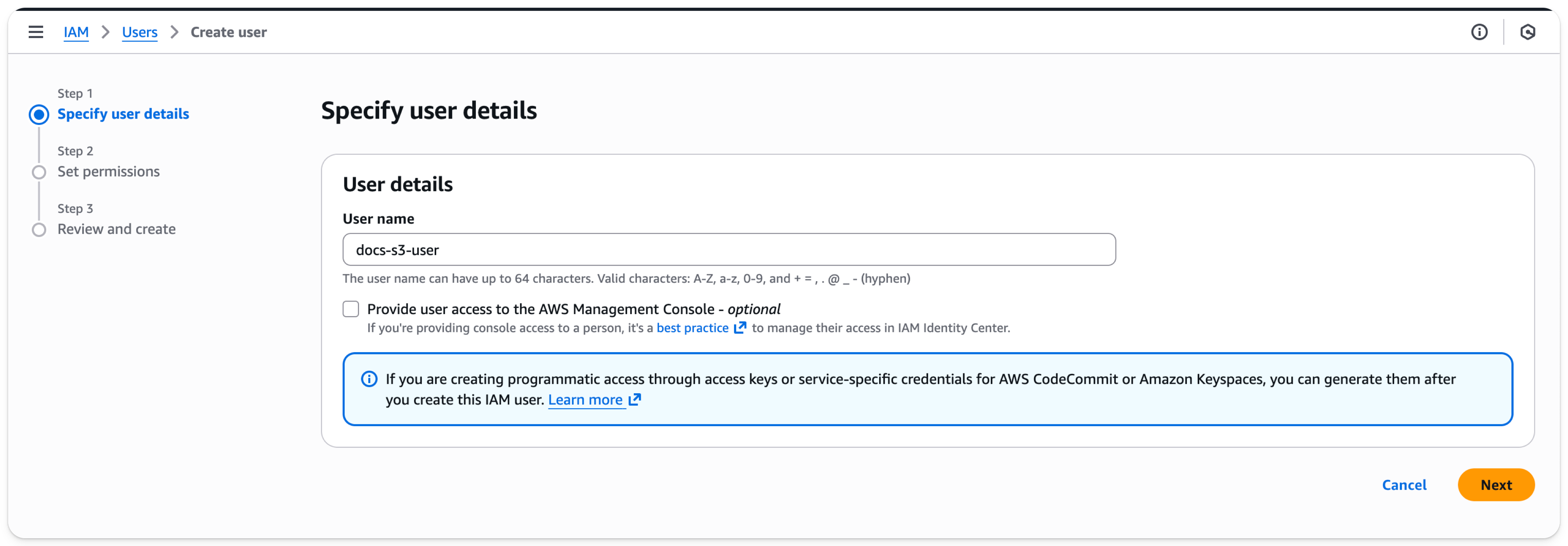 AWS IAM Management Console - Adding a new user