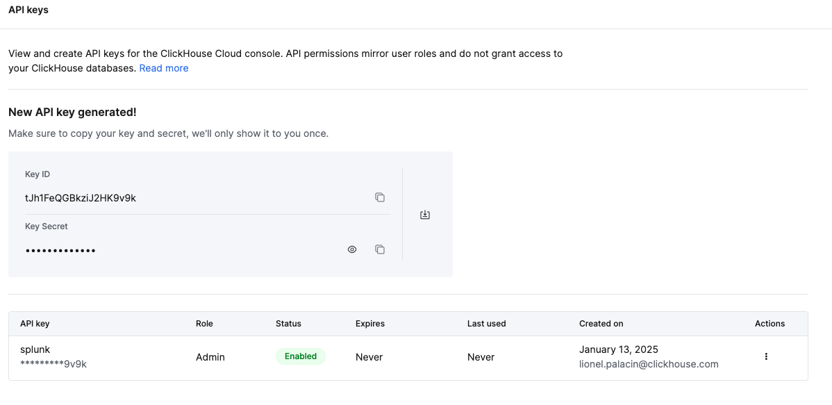 ClickHouse Cloud console showing the generated API Key and secret to be saved