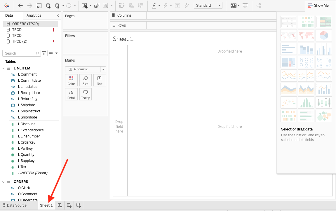 Tableau worksheet showing the dimensions and measures from ClickHouse tables available for analysis